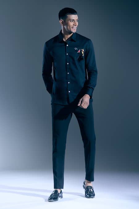 Buy_Rohit Bal_Black Embroidery Placed Botanic Shirt 