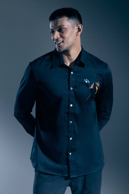 Rohit Bal Black Embroidery Placed Botanic Motif Shirt at Aza Fashions Rohit Bal_Black Embroidery Placed Botanic Motif Shirt _at_Aza_Fashions
