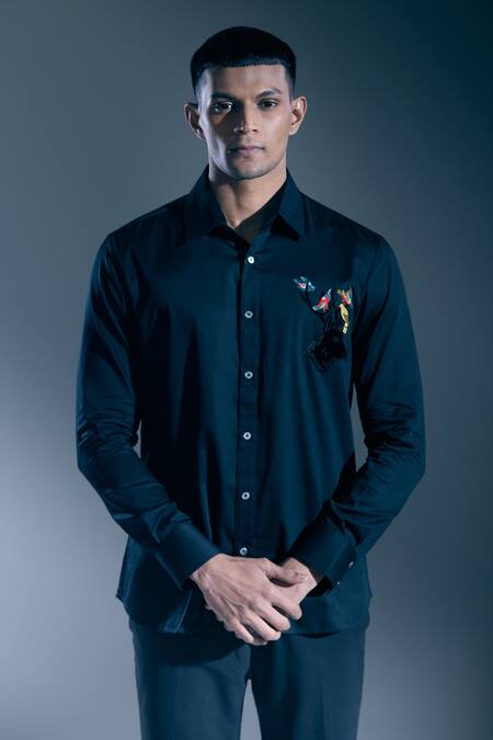 Buy Rohit Bal Black Embroidery Placed Botanic Motif Shirt Buy_Rohit Bal_Black Embroidery Placed Botanic Motif Shirt