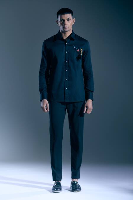 Rohit Bal_Black Embroidery Deer Botanic Placed Shirt _Online_at_Aza_Fashions