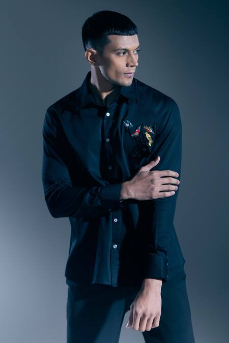 Buy_Rohit Bal_Black Embroidery Deer Botanic Placed Shirt _Online_at_Aza_Fashions