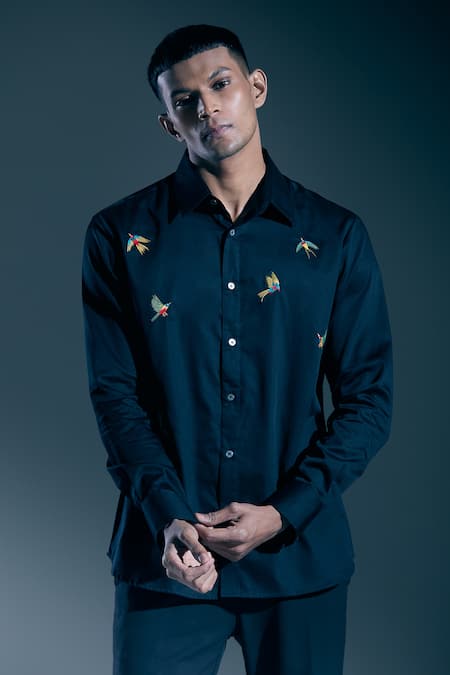 Shop_Rohit Bal_Black Embroidery Bird Shirt _Online_at_Aza_Fashions