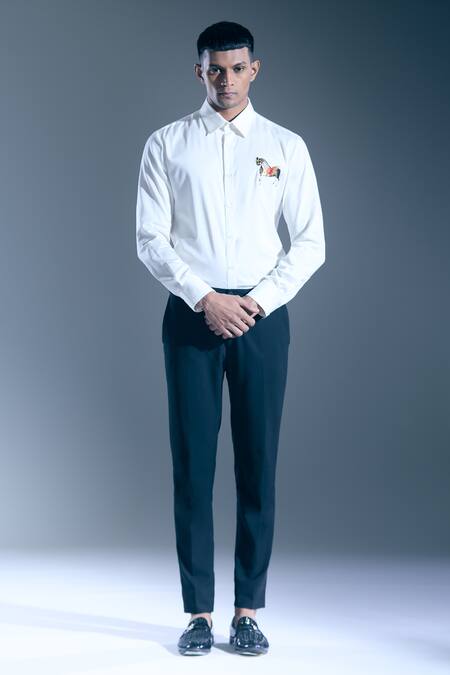 Rohit Bal Ivory Embroidery Placed Horse Motif Shirt Online at Aza Fashions Rohit Bal_Ivory Embroidery Placed Horse Motif Shirt _Online_at_Aza_Fashions