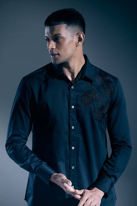 Rohit Bal_Black Embroidery Rose Tonal Shirt _Online_at_Aza_Fashions