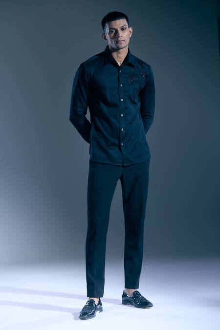 Shop_Rohit Bal_Black Embroidery Rose Tonal Shirt _Online_at_Aza_Fashions