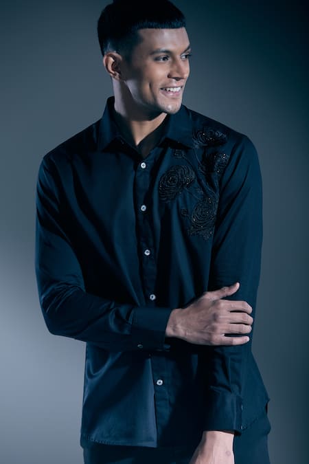 Rohit Bal_Black Embroidery Rose Tonal Shirt _at_Aza_Fashions