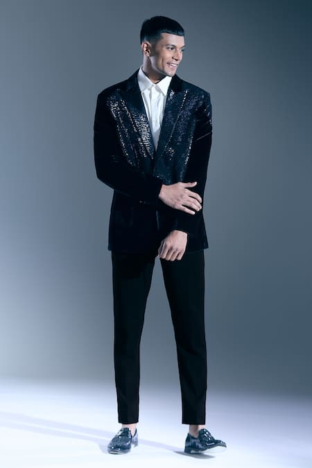 Rohit Bal_Black Sequins Wing Embellished Tuxedo Blazer _Online_at_Aza_Fashions
