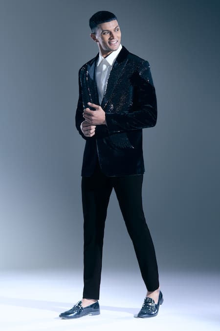 Buy_Rohit Bal_Black Sequins Wing Embellished Tuxedo Blazer _Online_at_Aza_Fashions