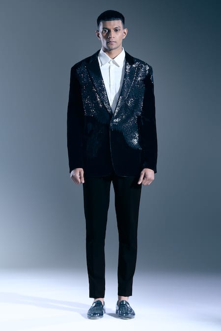 Shop_Rohit Bal_Black Sequins Wing Embellished Tuxedo Blazer _Online_at_Aza_Fashions