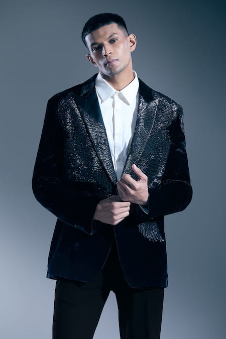Rohit Bal_Black Sequins Wing Embellished Tuxedo Blazer _at_Aza_Fashions