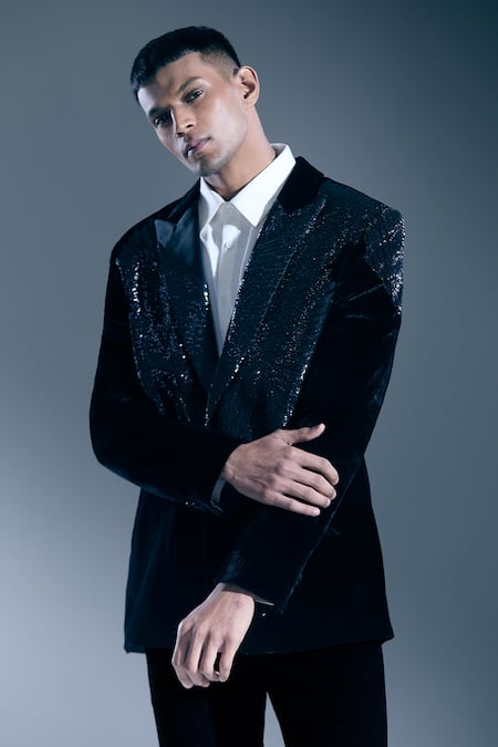 Buy_Rohit Bal_Black Sequins Wing Embellished Tuxedo Blazer 