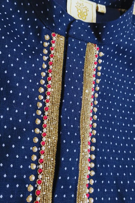 Byb Premium_Blue Linen, Cotton Zari, Lace Zardosi Embroidered Straight Kurta With Pyjama _Online_at_Aza_Fashions