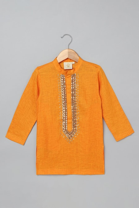 Byb Premium Orange Linen, Cotton Lace, Sequins Zardosi Embroidered Kurta With Pyjama Online at Aza Fashions Byb Premium_Orange Linen, Cotton Lace, Sequins Zardosi Embroidered Kurta With Pyjama _Online_at_Aza_Fashions