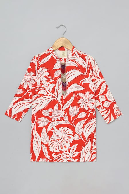 Byb Premium_Orange Linen, Cotton Embroidery, Beads Floral Print Straight Kurta With Pyjama _Online_at_Aza_Fashions