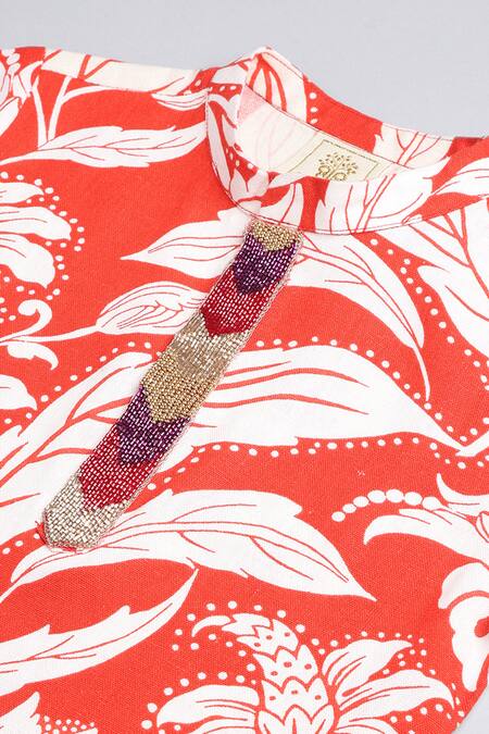 Shop_Byb Premium_Orange Linen, Cotton Embroidery, Beads Floral Print Straight Kurta With Pyjama _Online_at_Aza_Fashions