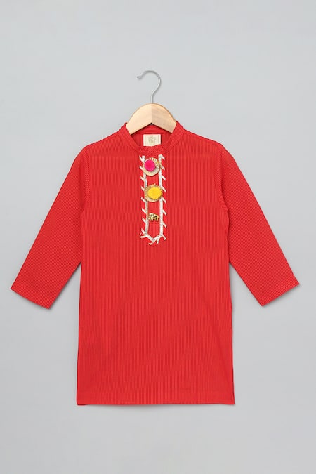 Shop_Byb Premium_Red Cotton Gota Patti, Pearls, Embroidery Floral Bundi And Kurta Set _at_Aza_Fashions