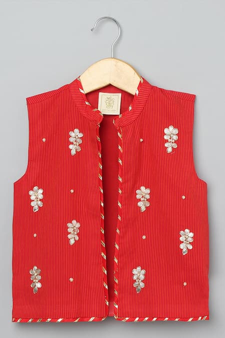 Buy_Byb Premium_Red Cotton Gota Patti, Pearls, Embroidery Floral Bundi And Kurta Set _Online_at_Aza_Fashions