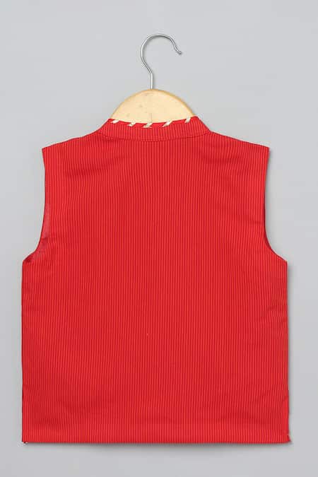 Shop_Byb Premium_Red Cotton Gota Patti, Pearls, Embroidery Floral Bundi And Kurta Set _Online_at_Aza_Fashions