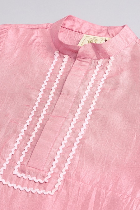 Shop_Byb Premium_Pink Cotton, Denim Beads, Zari, Cut Work Floral Embroidered Bundi And Kurta Set _Online_at_Aza_Fashions