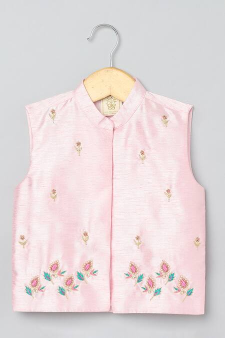 Byb Premium_Pink Cotton, Denim Beads, Zari, Cut Work Floral Embroidered Bundi And Kurta Set _at_Aza_Fashions