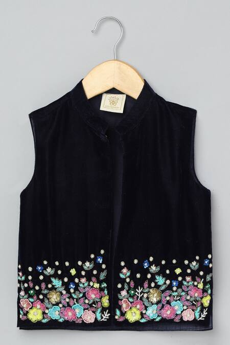 Byb Premium_Black Velvet, Silk Satin Sequins, Beads, Pearls Floral Embroidered Bundi Set _Online_at_Aza_Fashions