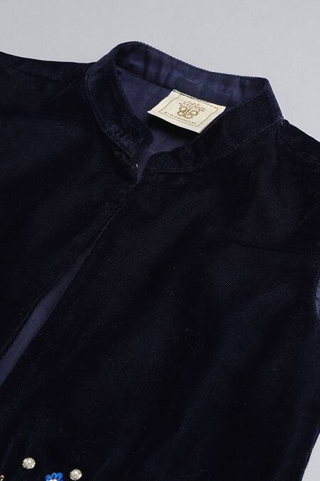 Byb Premium_Black Velvet, Silk Satin Sequins, Beads, Pearls Floral Embroidered Bundi Set _at_Aza_Fashions