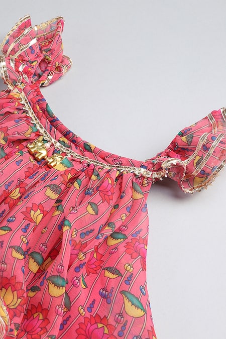 Shop_Byb Premium_Pink Cotton, Georgette Embroidery, Gota Floral Flared Kurta With Dhoti Pant _Online_at_Aza_Fashions