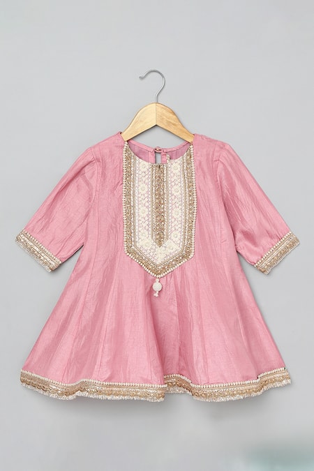 Byb Premium_Pink Cotton, Chiffon Pearls, Tassels Floral Embroidered Anarkali And Pyjama Set _Online_at_Aza_Fashions