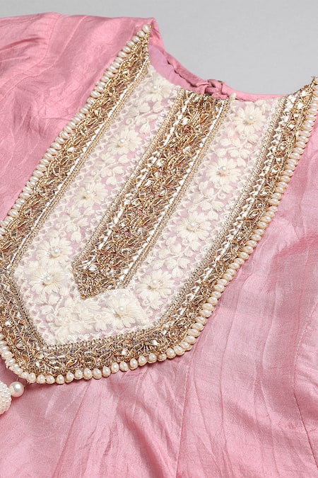 Shop_Byb Premium_Pink Cotton, Chiffon Pearls, Tassels Floral Embroidered Anarkali And Pyjama Set _Online_at_Aza_Fashions