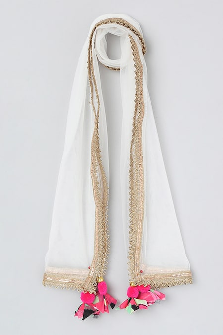 Byb Premium_Pink Cotton, Chiffon Tassels, Lace Floral Gota Embroidered Lehenga Set _at_Aza_Fashions