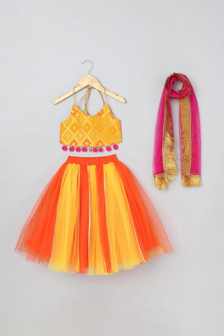 Byb Premium Yellow Chanderi Embroidery Tassels Halter Neck Choli And Lehenga Set 