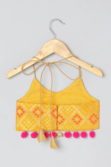 Buy Byb Premium Yellow Chanderi, Tulle Tassels, Embroidered Halter Neck Choli And Lehenga Set Online at Aza Fashions Buy_Byb Premium_Yellow Chanderi, Tulle Tassels, Embroidered Halter Neck Choli And Lehenga Set _Online_at_Aza_Fashions