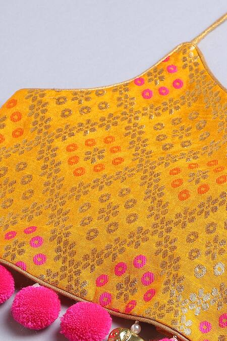 Buy Byb Premium Yellow Chanderi, Tulle Tassels, Embroidered Halter Neck Choli And Lehenga Set Buy_Byb Premium_Yellow Chanderi, Tulle Tassels, Embroidered Halter Neck Choli And Lehenga Set