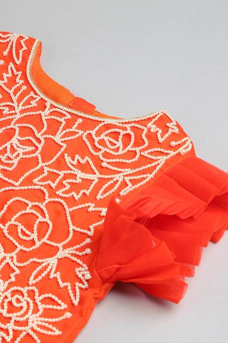 Byb Premium_Orange Organza, Crepe Embroidery Floral Pearl Choli With Lehenga _at_Aza_Fashions