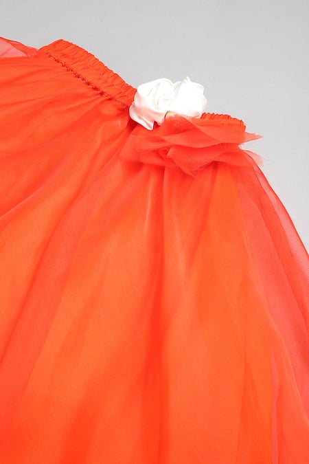 Shop_Byb Premium_Orange Organza, Crepe Embroidery Floral Pearl Choli With Lehenga 