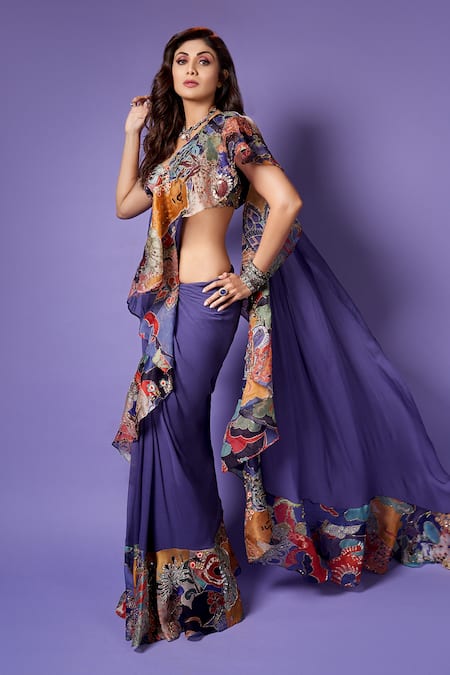 Aisha Rao Purple Satin Organza Printed Paper Doll Sweetheart Ruffled Saree With Blouse 