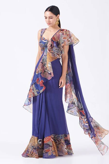 Aisha Rao_Purple Satin, Organza Sequins Paper Doll Print Ruffled Saree With Blouse _Online_at_Aza_Fashions