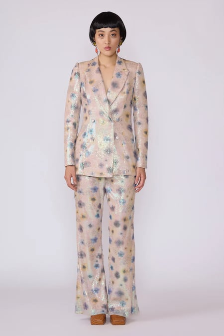 Aisha Rao Sequin Tulle Abstract Print Blazer & Pant Set 