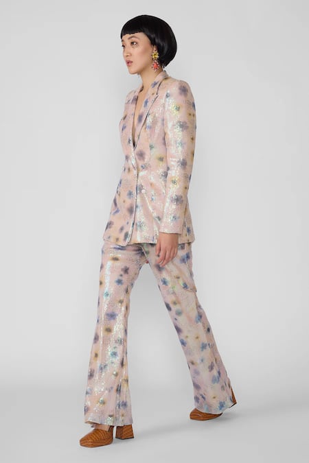 Aisha Rao_Ivory Tulle, Silk Sequins Abstract Print Blazer And Pant Set _Online_at_Aza_Fashions