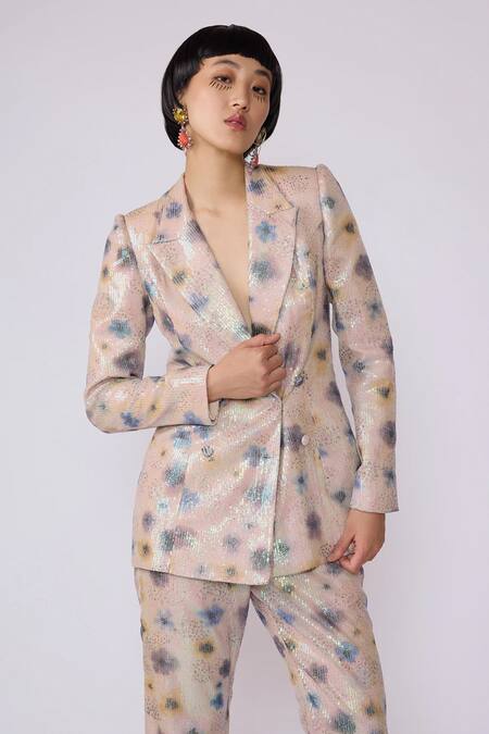 Buy_Aisha Rao_Ivory Tulle, Silk Sequins Abstract Print Blazer And Pant Set _Online_at_Aza_Fashions