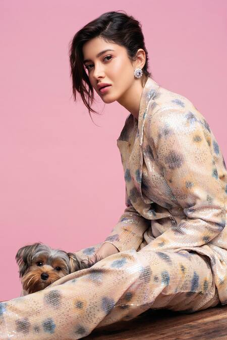 Shop_Aisha Rao_Ivory Tulle, Silk Sequins Abstract Print Blazer And Pant Set _Online_at_Aza_Fashions