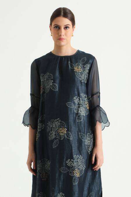 Arcvsh By Pallavi Singh_Blue , , Embroidery Floral Print Tunic And Pant Set _Online_at_Aza_Fashions