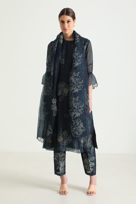 Arcvsh By Pallavi Singh_Blue , , Embroidery Floral Print Tunic And Pant Set _at_Aza_Fashions