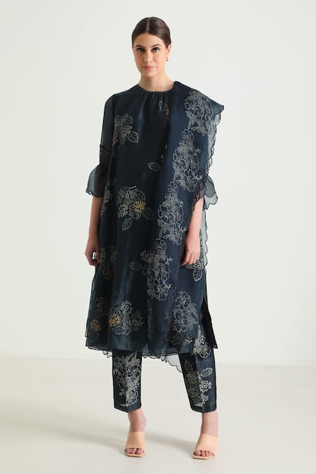 Buy_Arcvsh By Pallavi Singh_Blue , , Embroidery Floral Print Tunic And Pant Set 