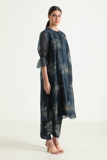 Buy_Arcvsh By Pallavi Singh_Blue Silk, Chanderi Embroidery Round Neck Floral Print Tunic Pant Set _Online_at_Aza_Fashions