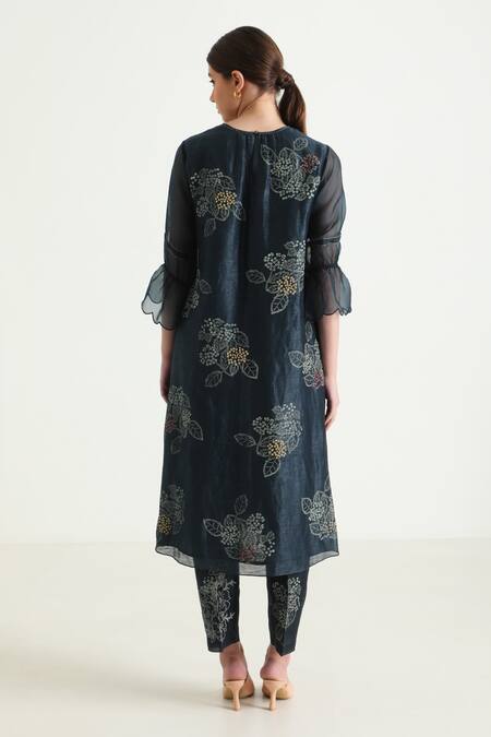 Shop_Arcvsh By Pallavi Singh_Blue Silk, Chanderi Embroidery Round Neck Floral Print Tunic Pant Set _Online_at_Aza_Fashions