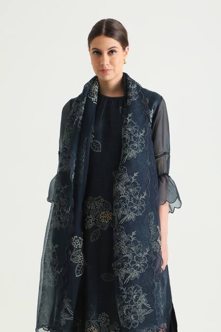 Arcvsh By Pallavi Singh_Blue Silk, Chanderi Embroidery Round Neck Floral Print Tunic Pant Set _at_Aza_Fashions