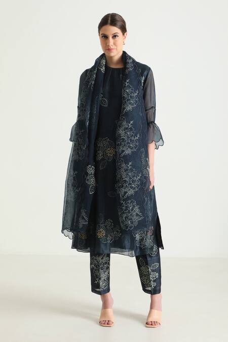 Buy_Arcvsh By Pallavi Singh_Blue Silk, Chanderi Embroidery Round Neck Floral Print Tunic Pant Set 