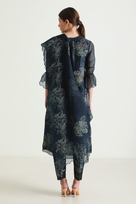 Shop_Arcvsh By Pallavi Singh_Blue Silk, Chanderi Embroidery Round Neck Floral Print Tunic Pant Set _at_Aza_Fashions