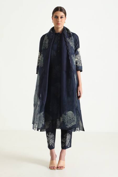 Shop Arcvsh By Pallavi Singh Blue Organza, Silk, Chanderi Embroidery Floral Print Layered Kurta And Pant Set Online at Aza Fashions Shop_Arcvsh By Pallavi Singh_Blue Organza, Silk, Chanderi Embroidery Floral Print Layered Kurta And Pant Set _Online_at_Aza_Fashions